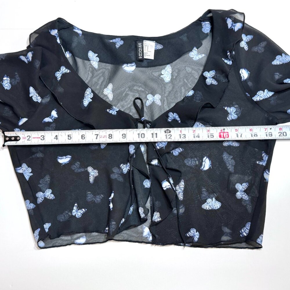 Y2K Butterfly Sheer Chiffon Cropped Top Bell Sleeves Ruffle Collar Cardigan - Picture 9 of 11